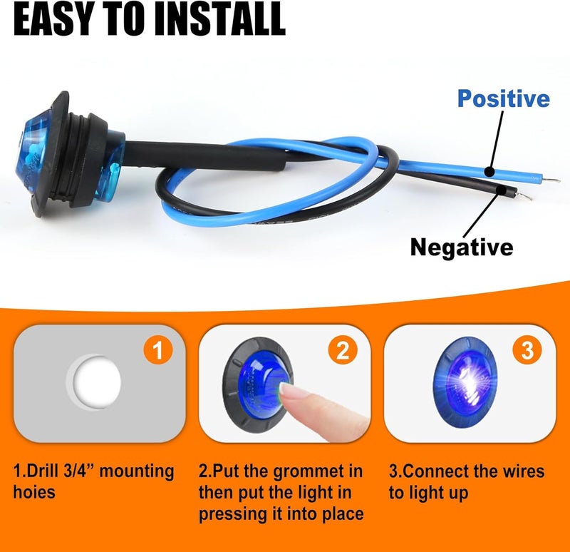 ALFU 10PCS Blue 3/4" 12V LED Boat Interior Lights Marine Navigation Lights Clearance Marker Lights Round Bullet Side Indicator Lamps for Truck, Trailer, RV, Van, Boat, Bus, Caravan - Image 4